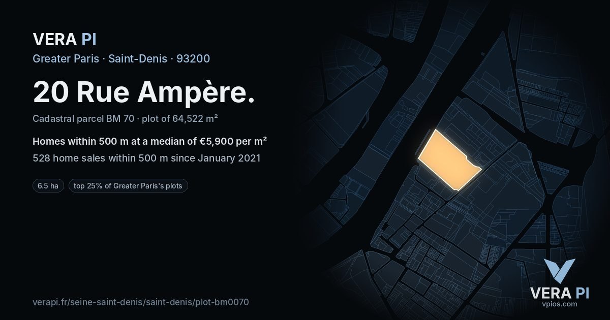 20 Rue Ampère, Saint-Denis at night – the plot lit, the parcels around coloured by the prices near them