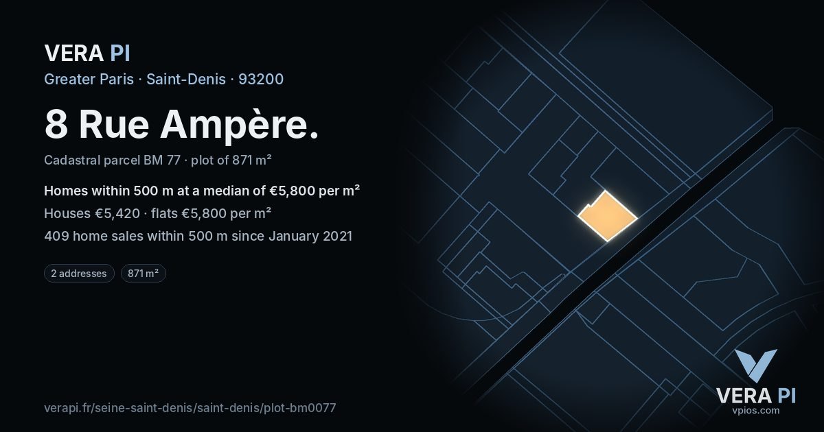8 Rue Ampère, Saint-Denis at night – the plot lit, the parcels around coloured by the prices near them