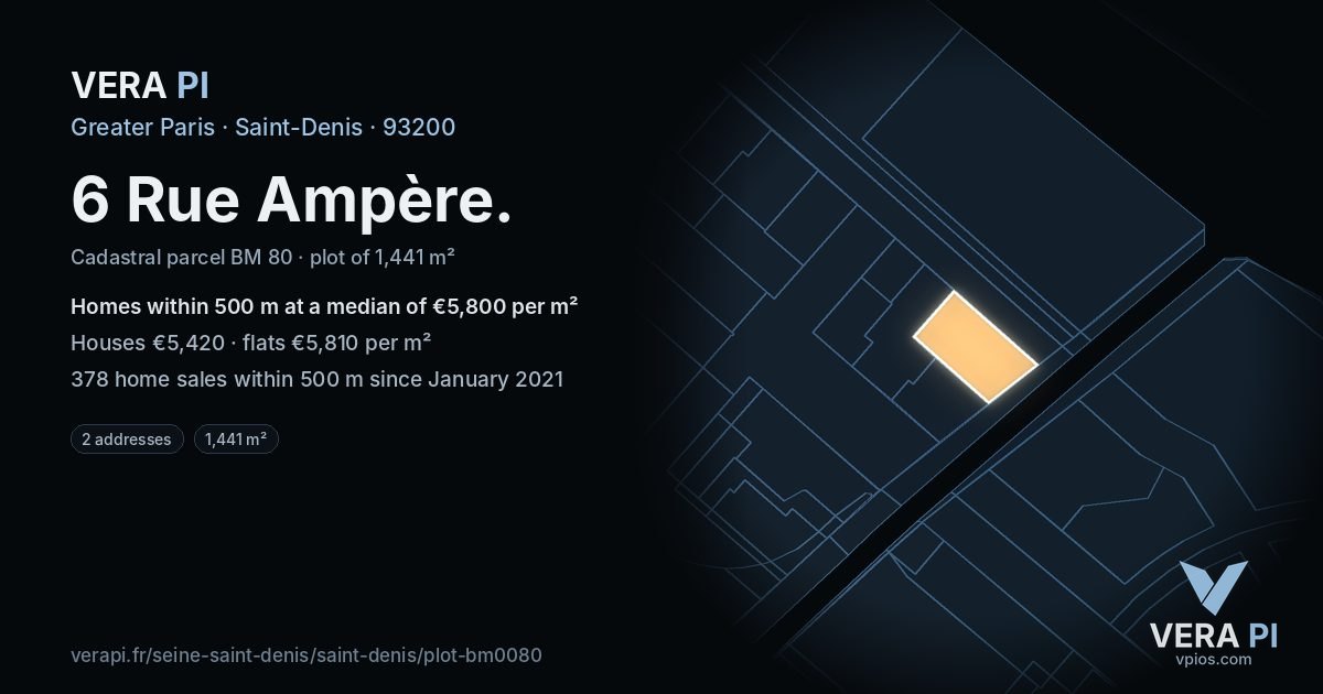 6 Rue Ampère, Saint-Denis at night – the plot lit, the parcels around coloured by the prices near them