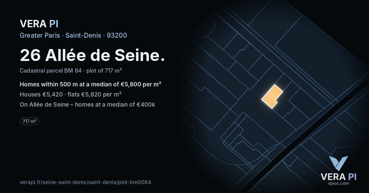 26 Allée de Seine, Saint-Denis at night – the plot lit, the parcels around coloured by the prices near them