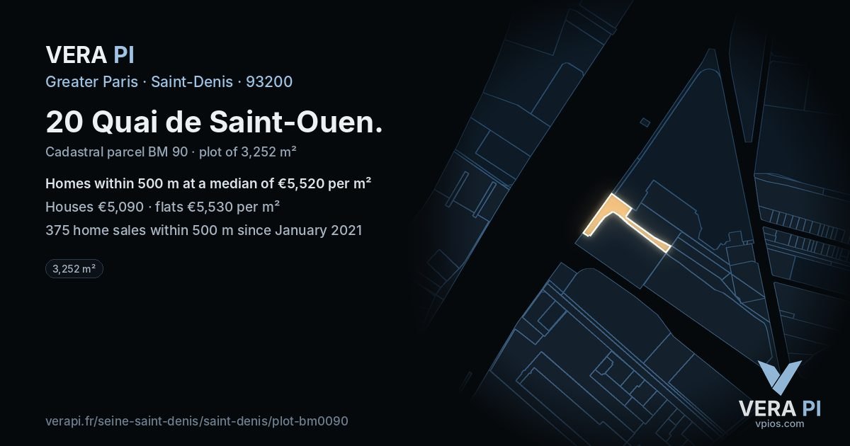 20 Quai de Saint-Ouen, Saint-Denis at night – the plot lit, the parcels around coloured by the prices near them