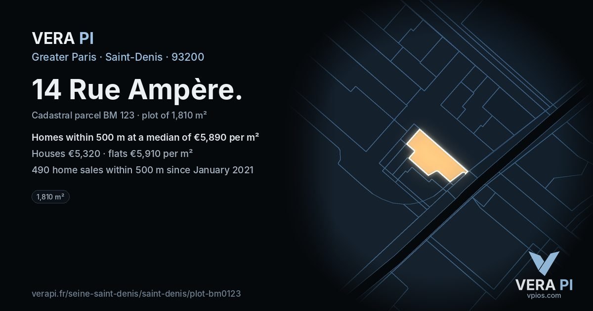 14 Rue Ampère, Saint-Denis at night – the plot lit, the parcels around coloured by the prices near them