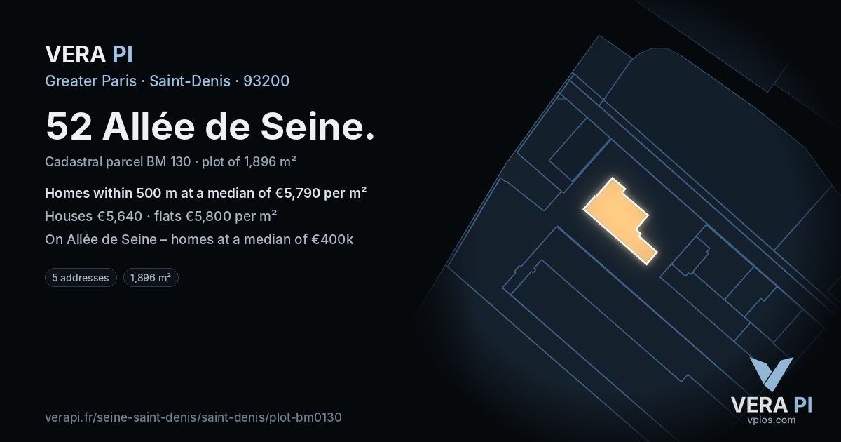 52 Allée de Seine, Saint-Denis at night – the plot lit, the parcels around coloured by the prices near them
