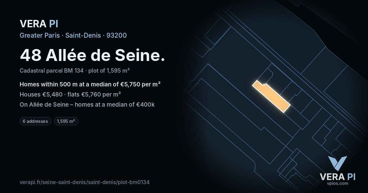 48 Allée de Seine, Saint-Denis at night – the plot lit, the parcels around coloured by the prices near them