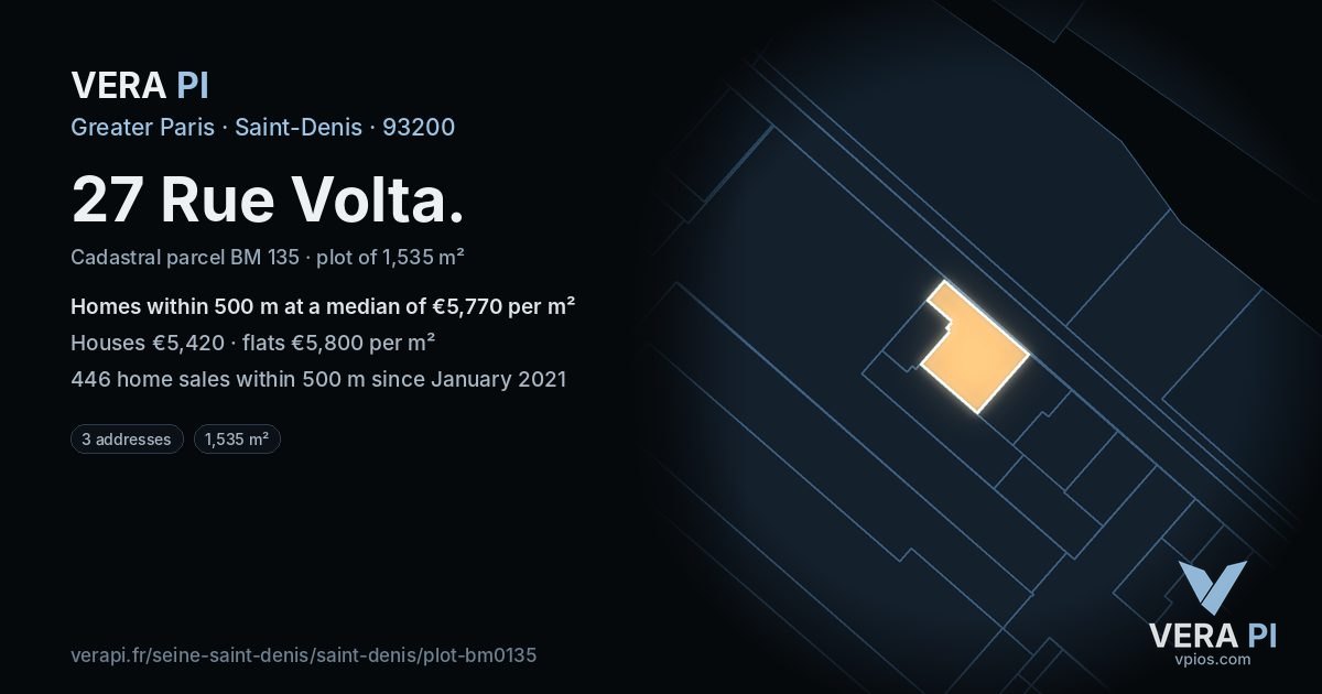 27 Rue Volta, Saint-Denis at night – the plot lit, the parcels around coloured by the prices near them