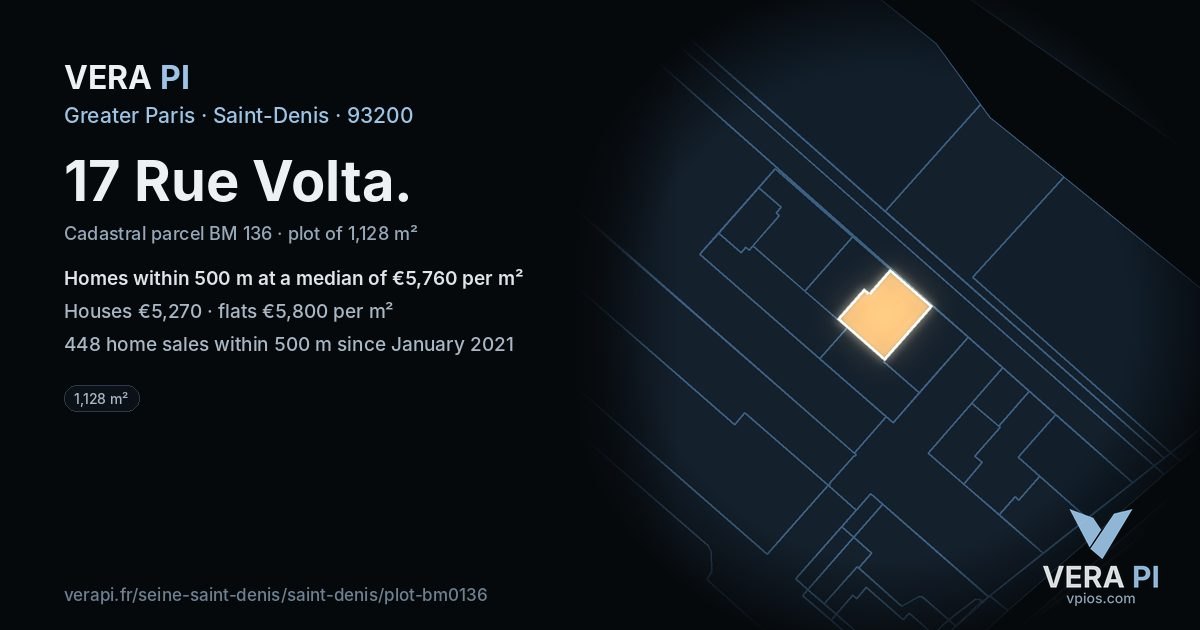 17 Rue Volta, Saint-Denis at night – the plot lit, the parcels around coloured by the prices near them