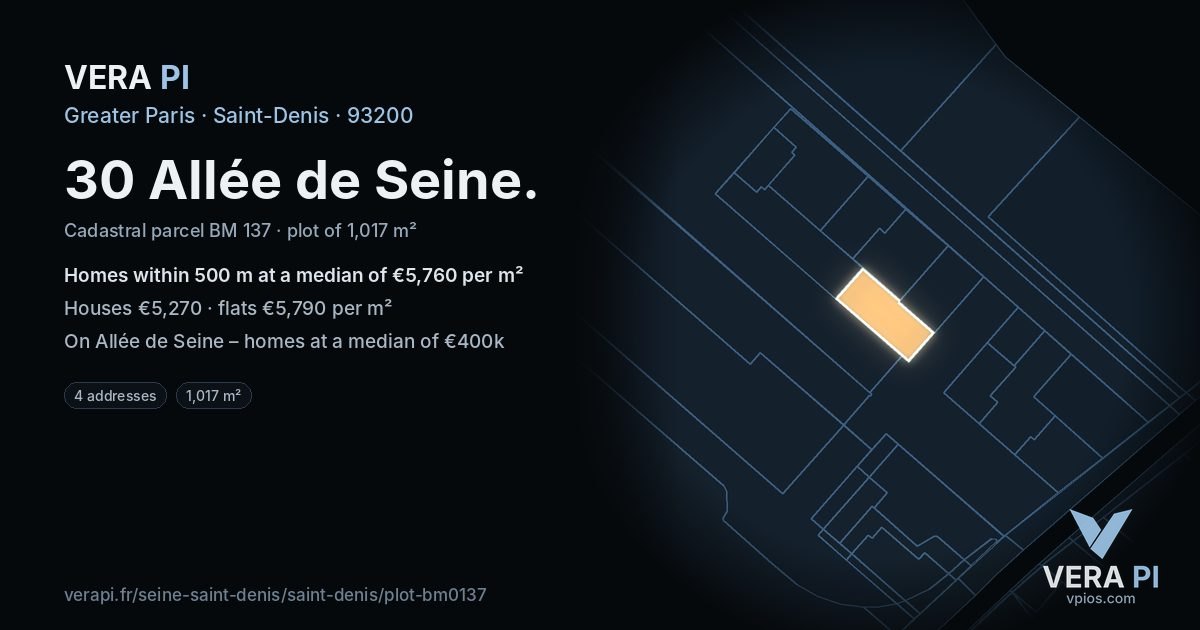 30 Allée de Seine, Saint-Denis at night – the plot lit, the parcels around coloured by the prices near them