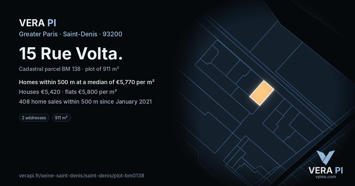 15 Rue Volta, Saint-Denis at night – the plot lit, the parcels around coloured by the prices near them