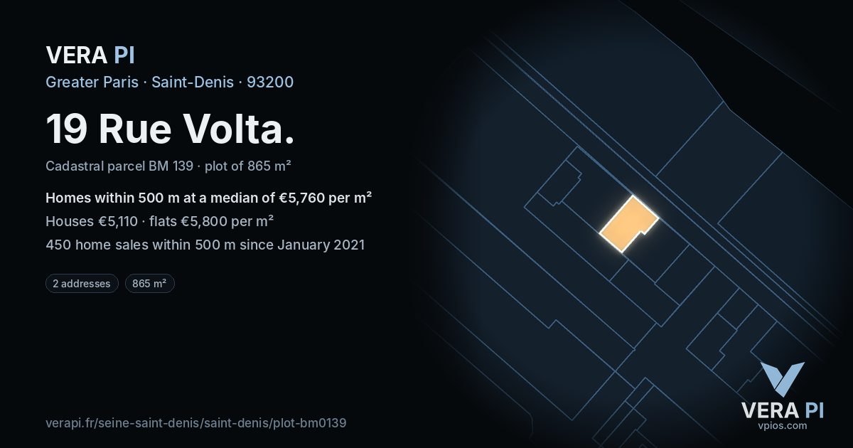 19 Rue Volta, Saint-Denis at night – the plot lit, the parcels around coloured by the prices near them