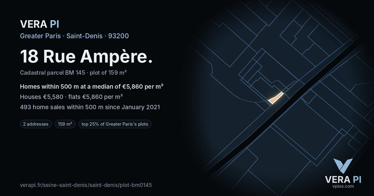 18 Rue Ampère, Saint-Denis at night – the plot lit, the parcels around coloured by the prices near them