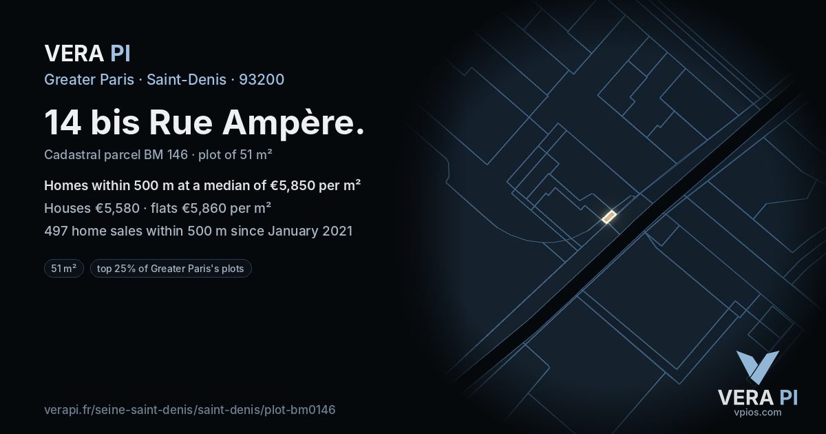 14 bis Rue Ampère, Saint-Denis at night – the plot lit, the parcels around coloured by the prices near them