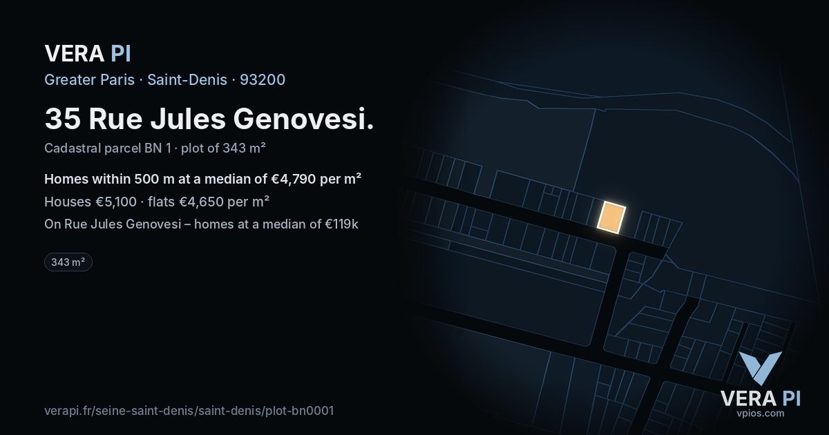 35 Rue Jules Genovesi, Saint-Denis at night – the plot lit, the parcels around coloured by the prices near them