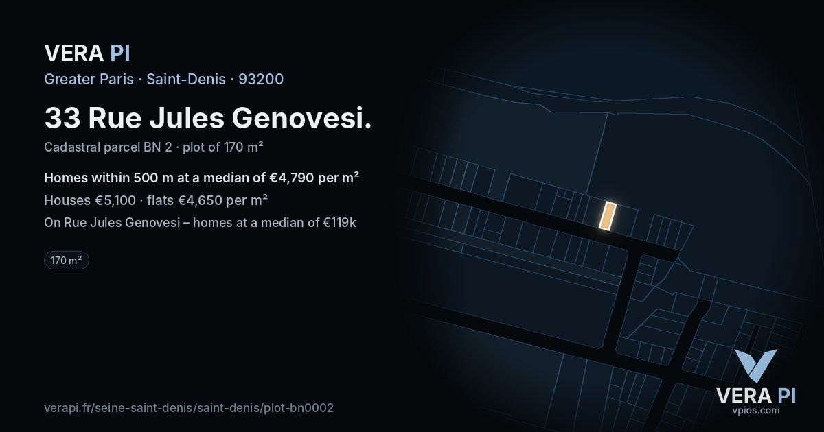 33 Rue Jules Genovesi, Saint-Denis at night – the plot lit, the parcels around coloured by the prices near them