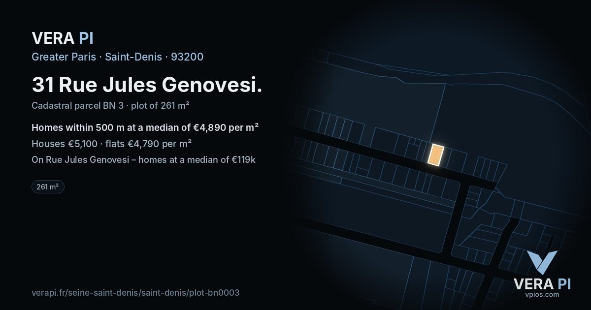 31 Rue Jules Genovesi, Saint-Denis at night – the plot lit, the parcels around coloured by the prices near them