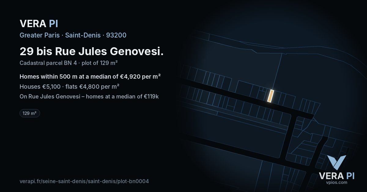 29 bis Rue Jules Genovesi, Saint-Denis at night – the plot lit, the parcels around coloured by the prices near them