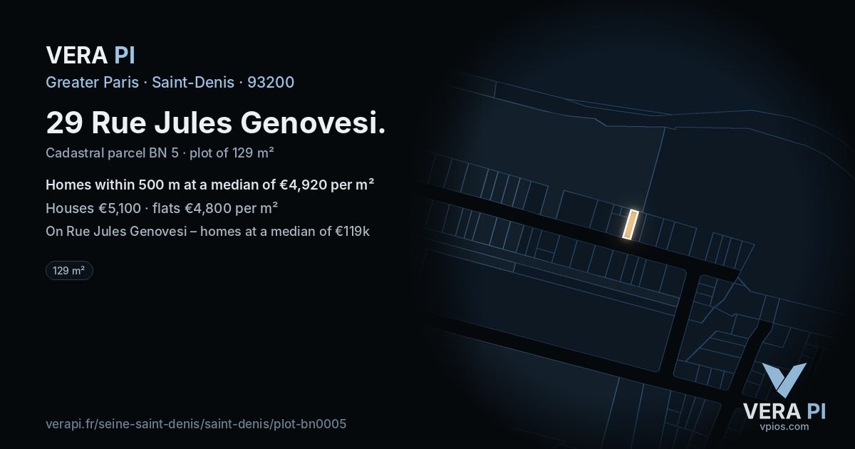29 Rue Jules Genovesi, Saint-Denis at night – the plot lit, the parcels around coloured by the prices near them