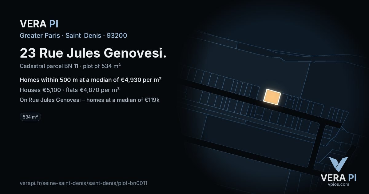23 Rue Jules Genovesi, Saint-Denis at night – the plot lit, the parcels around coloured by the prices near them