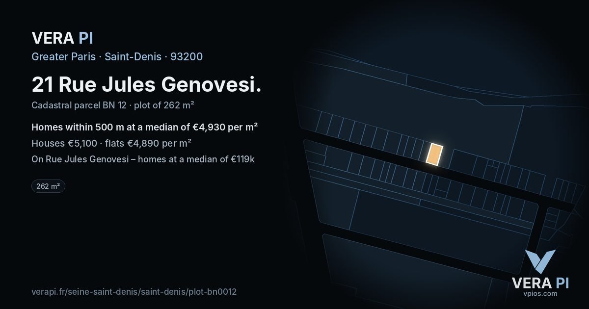 21 Rue Jules Genovesi, Saint-Denis at night – the plot lit, the parcels around coloured by the prices near them