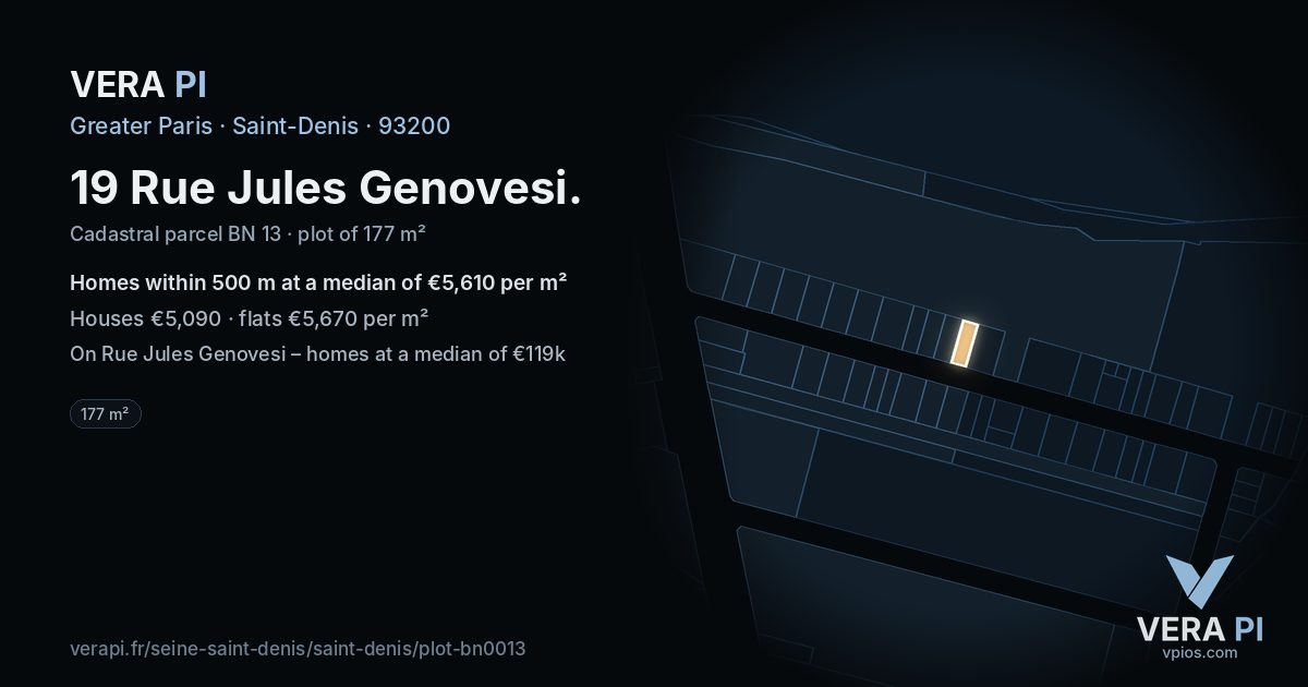 19 Rue Jules Genovesi, Saint-Denis at night – the plot lit, the parcels around coloured by the prices near them