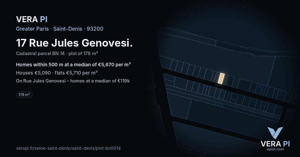 17 Rue Jules Genovesi, Saint-Denis at night – the plot lit, the parcels around coloured by the prices near them