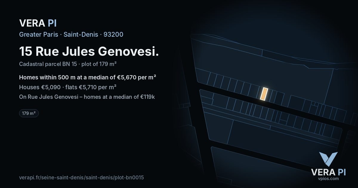 15 Rue Jules Genovesi, Saint-Denis at night – the plot lit, the parcels around coloured by the prices near them