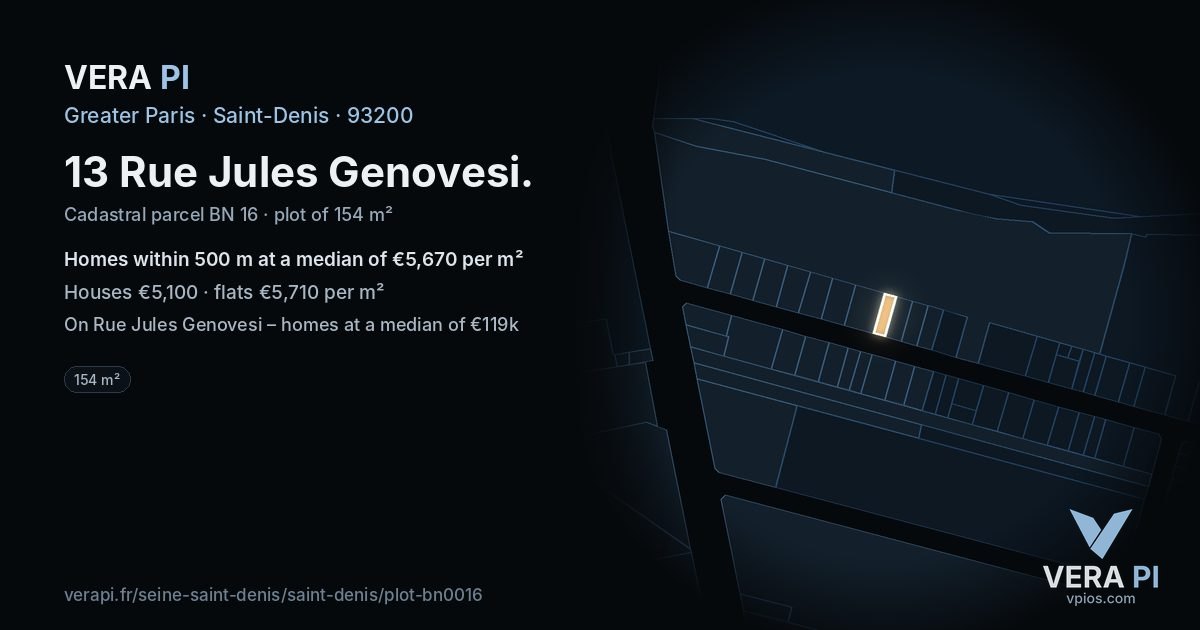 13 Rue Jules Genovesi, Saint-Denis at night – the plot lit, the parcels around coloured by the prices near them