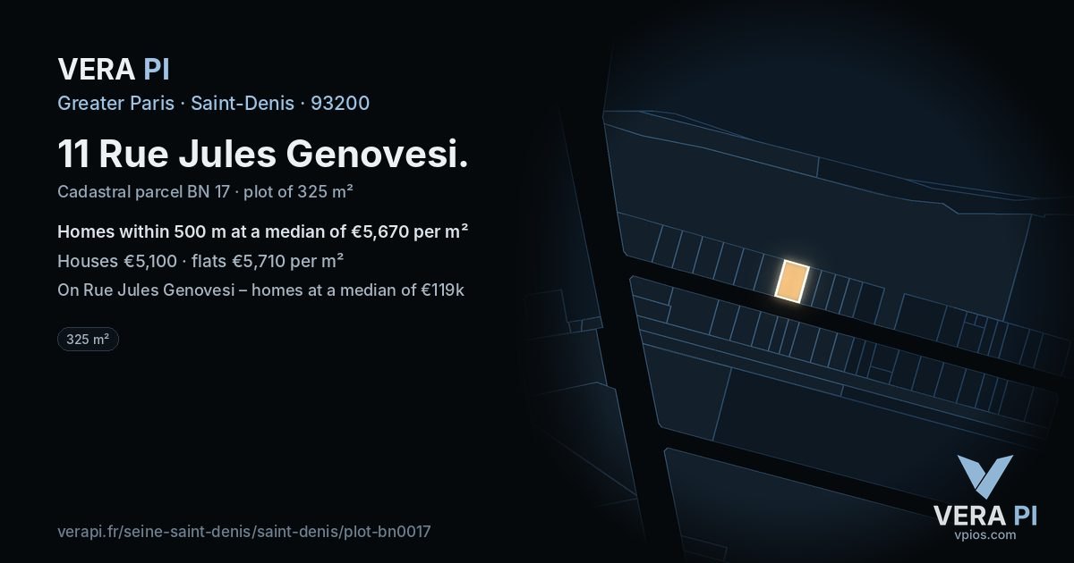 11 Rue Jules Genovesi, Saint-Denis at night – the plot lit, the parcels around coloured by the prices near them