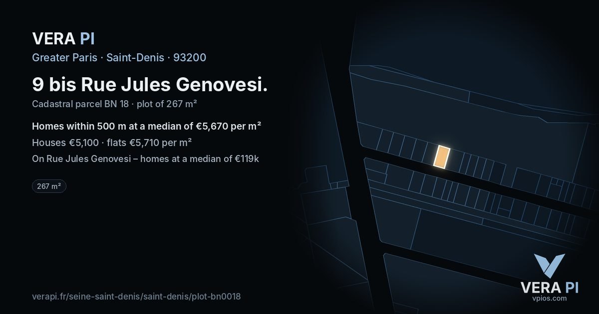 9 bis Rue Jules Genovesi, Saint-Denis at night – the plot lit, the parcels around coloured by the prices near them