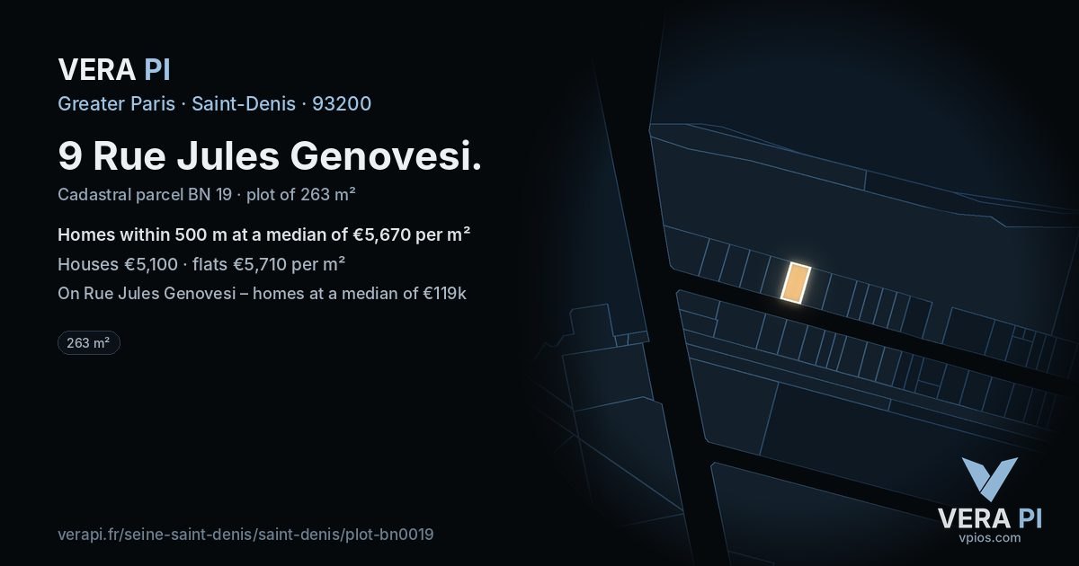 9 Rue Jules Genovesi, Saint-Denis at night – the plot lit, the parcels around coloured by the prices near them