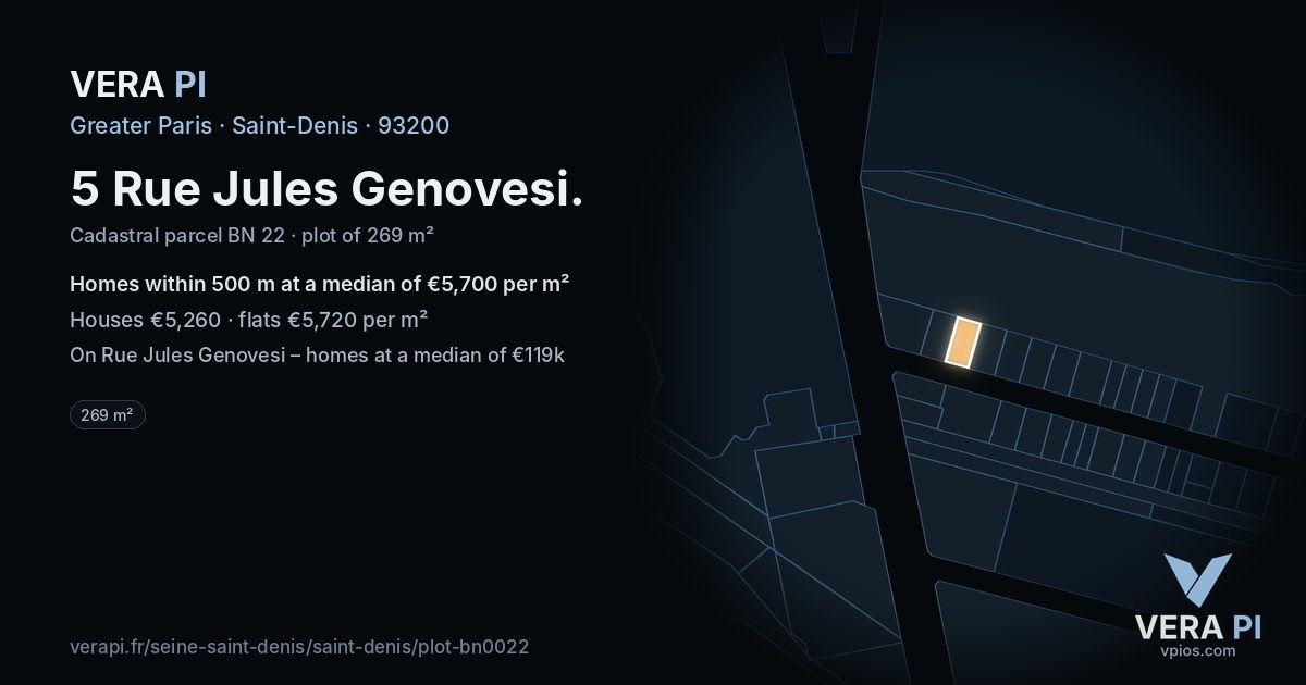 5 Rue Jules Genovesi, Saint-Denis at night – the plot lit, the parcels around coloured by the prices near them