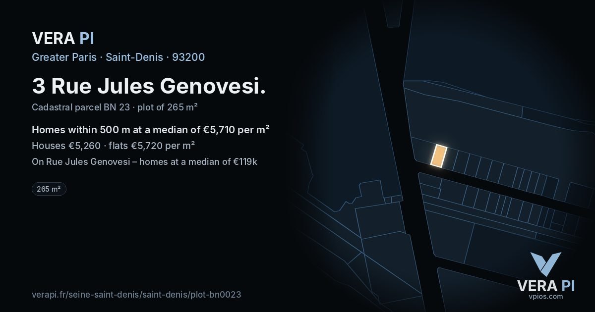 3 Rue Jules Genovesi, Saint-Denis at night – the plot lit, the parcels around coloured by the prices near them