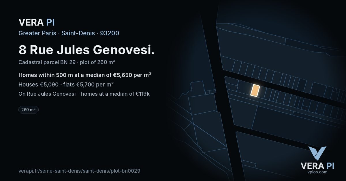 8 Rue Jules Genovesi, Saint-Denis at night – the plot lit, the parcels around coloured by the prices near them