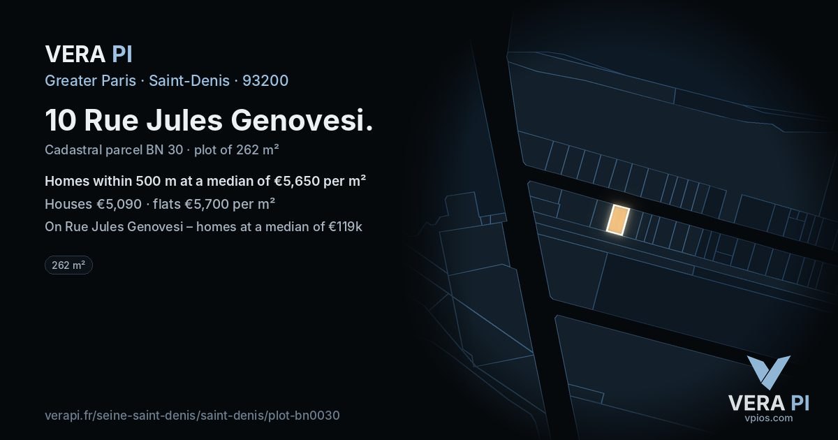 10 Rue Jules Genovesi, Saint-Denis at night – the plot lit, the parcels around coloured by the prices near them