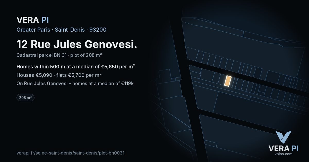 12 Rue Jules Genovesi, Saint-Denis at night – the plot lit, the parcels around coloured by the prices near them