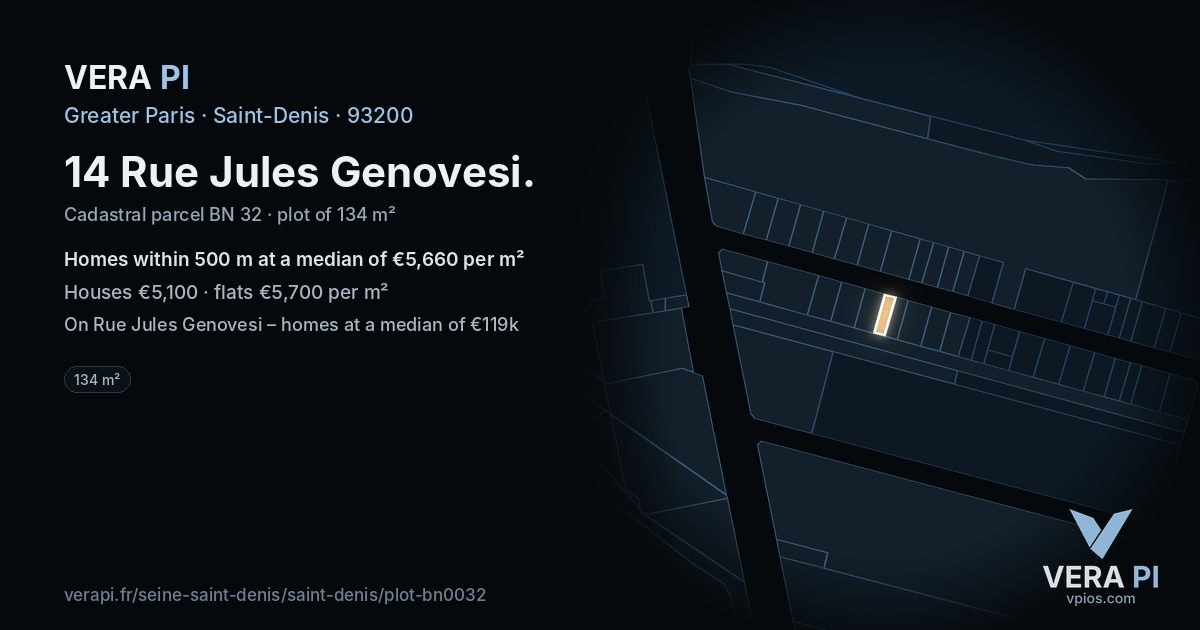 14 Rue Jules Genovesi, Saint-Denis at night – the plot lit, the parcels around coloured by the prices near them