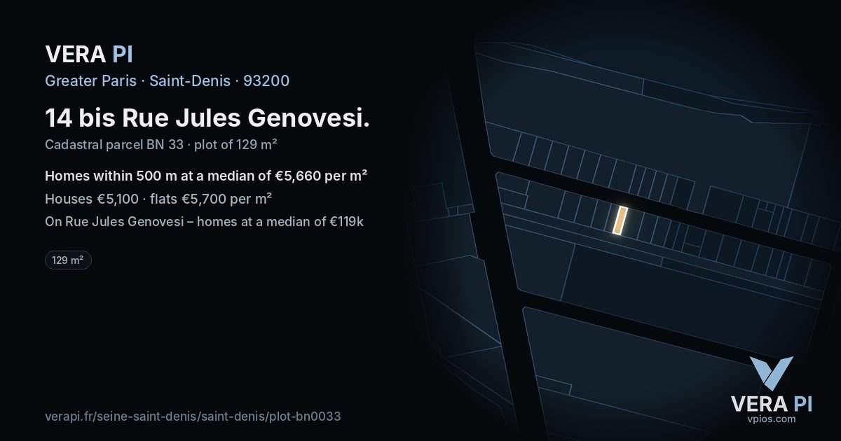 14 bis Rue Jules Genovesi, Saint-Denis at night – the plot lit, the parcels around coloured by the prices near them