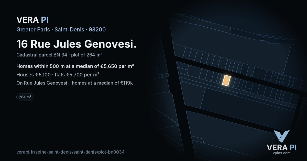 16 Rue Jules Genovesi, Saint-Denis at night – the plot lit, the parcels around coloured by the prices near them