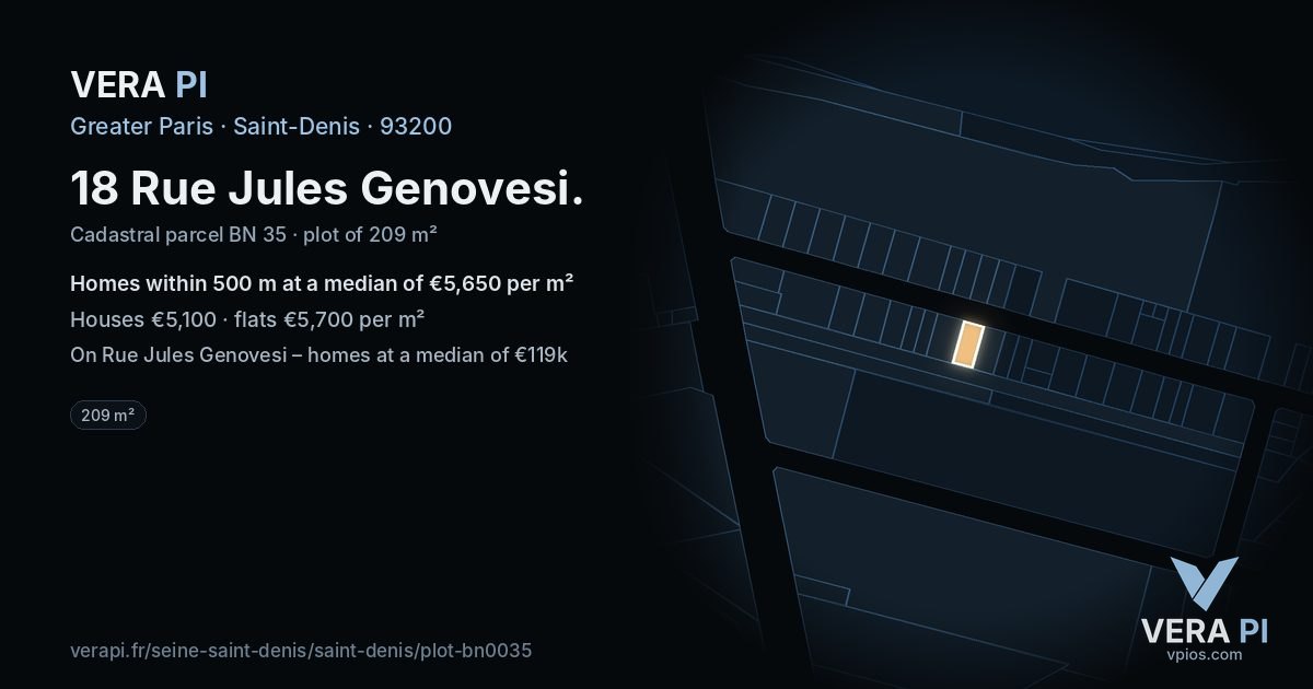18 Rue Jules Genovesi, Saint-Denis at night – the plot lit, the parcels around coloured by the prices near them