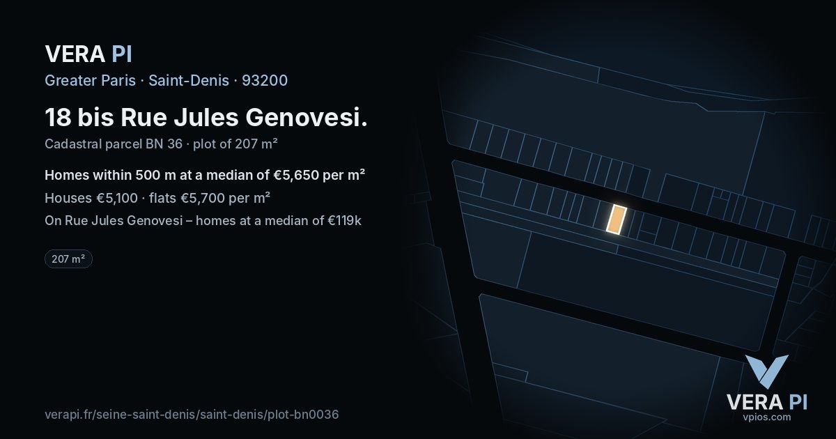 18 bis Rue Jules Genovesi, Saint-Denis at night – the plot lit, the parcels around coloured by the prices near them