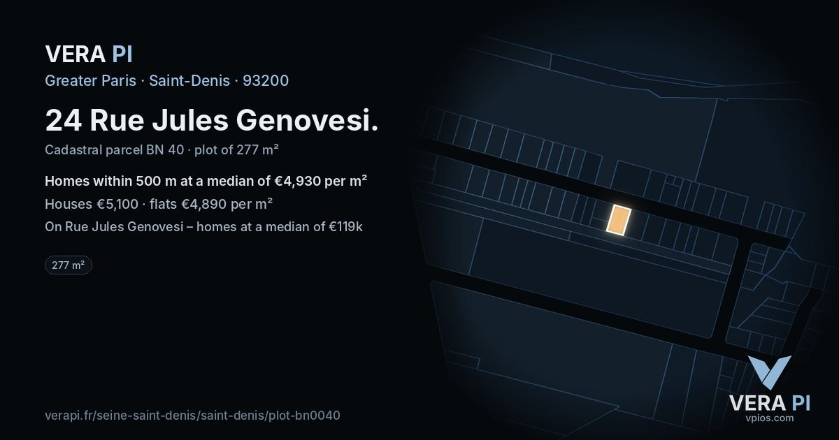 24 Rue Jules Genovesi, Saint-Denis at night – the plot lit, the parcels around coloured by the prices near them