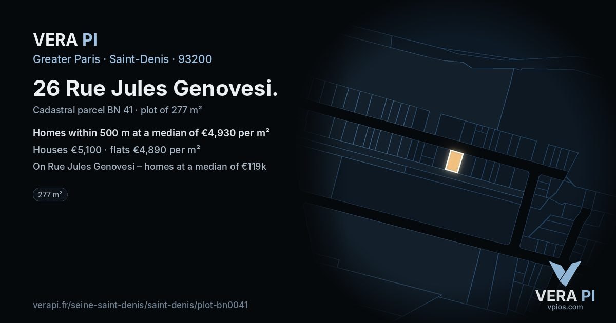 26 Rue Jules Genovesi, Saint-Denis at night – the plot lit, the parcels around coloured by the prices near them