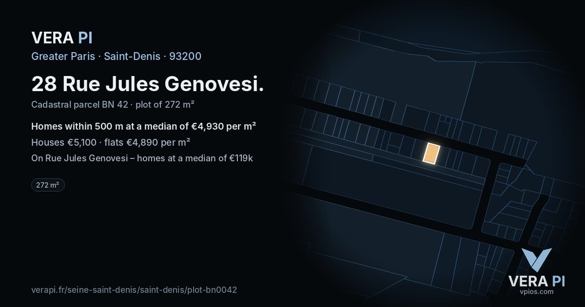 28 Rue Jules Genovesi, Saint-Denis at night – the plot lit, the parcels around coloured by the prices near them
