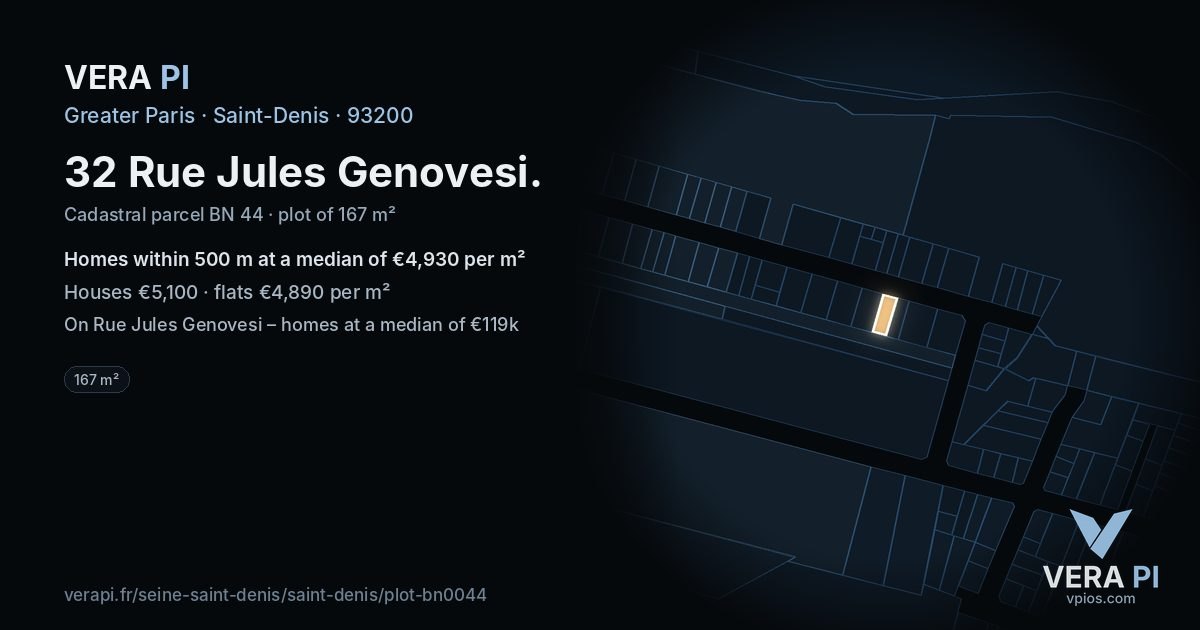 32 Rue Jules Genovesi, Saint-Denis at night – the plot lit, the parcels around coloured by the prices near them