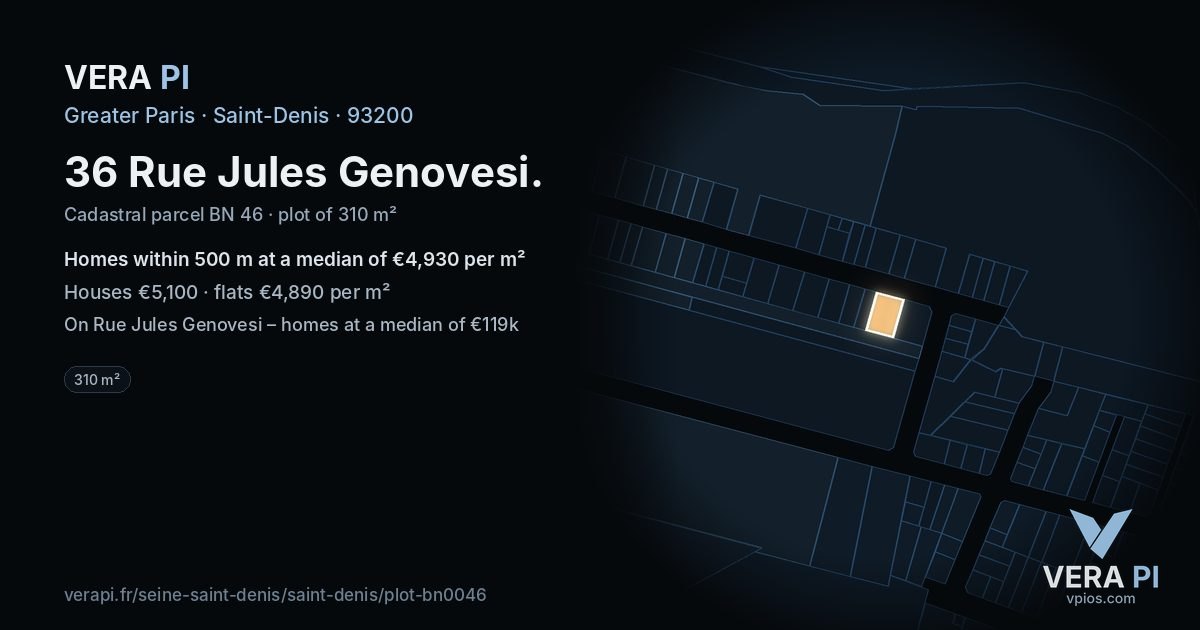 36 Rue Jules Genovesi, Saint-Denis at night – the plot lit, the parcels around coloured by the prices near them