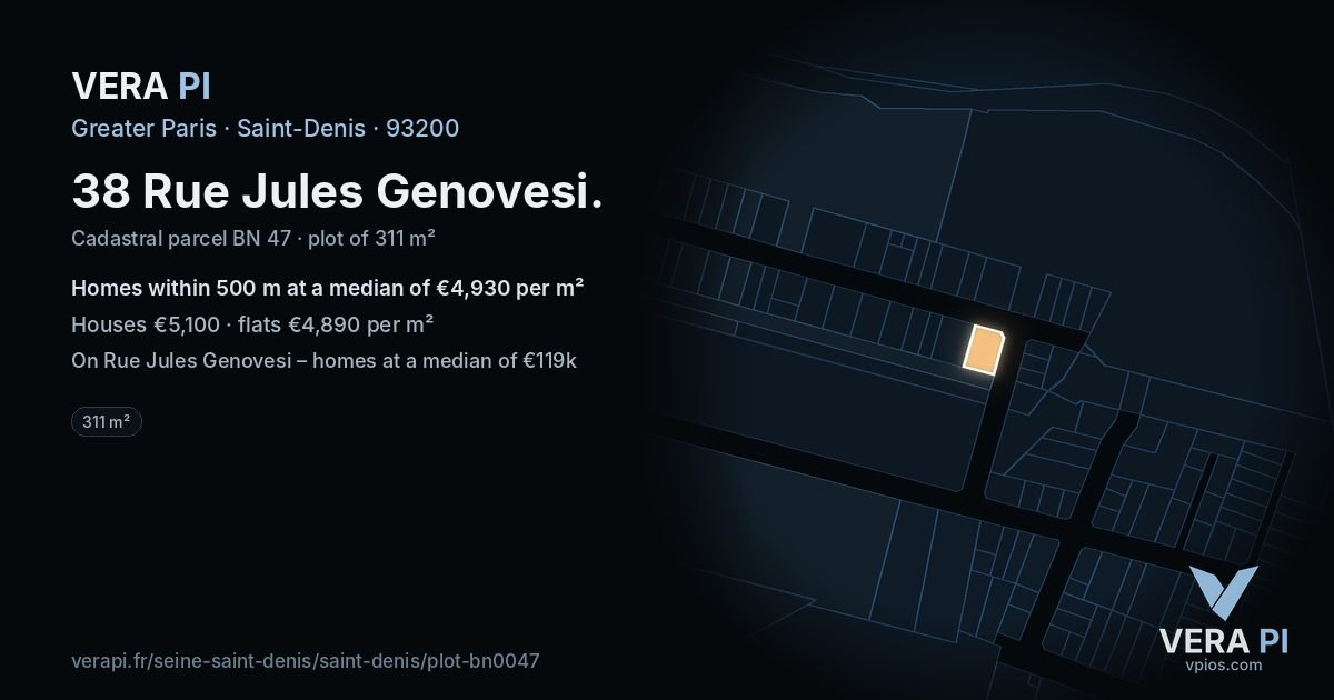 38 Rue Jules Genovesi, Saint-Denis at night – the plot lit, the parcels around coloured by the prices near them