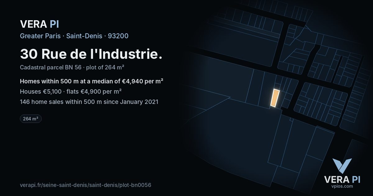 30 Rue de l'Industrie, Saint-Denis at night – the plot lit, the parcels around coloured by the prices near them