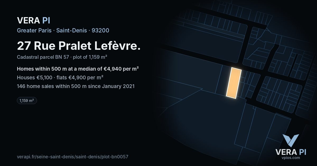 27 Rue Pralet Lefèvre, Saint-Denis at night – the plot lit, the parcels around coloured by the prices near them