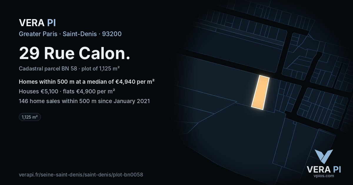 29 Rue Calon, Saint-Denis at night – the plot lit, the parcels around coloured by the prices near them
