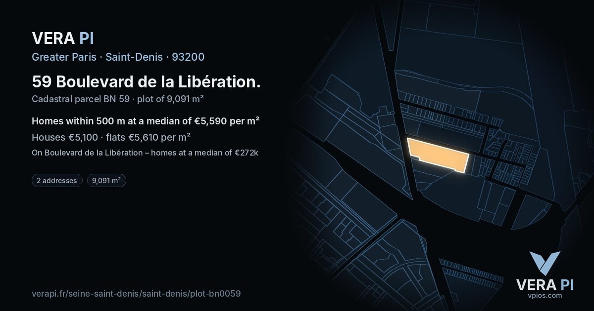 59 Boulevard de la Libération, Saint-Denis at night – the plot lit, the parcels around coloured by the prices near them