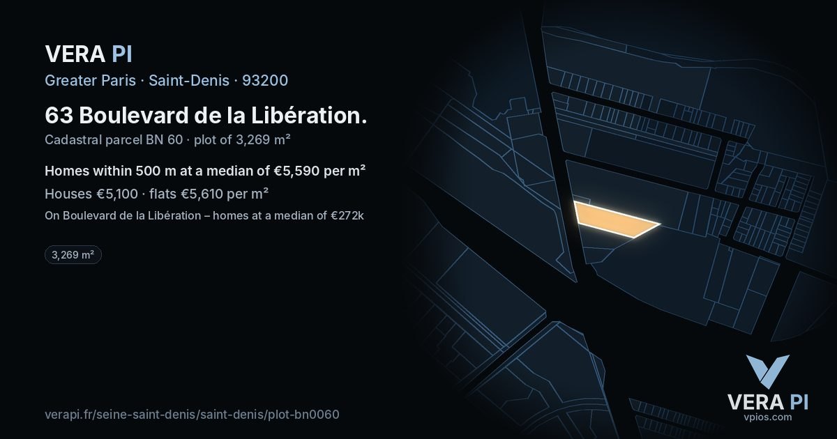63 Boulevard de la Libération, Saint-Denis at night – the plot lit, the parcels around coloured by the prices near them